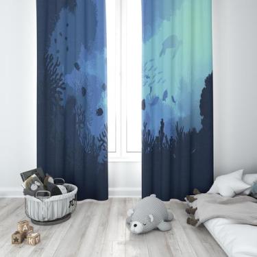 Imagem de Cortina Tecido Oxford Quarto Infantil Fundo do Mar Peixes e Tartarugas