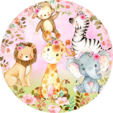 Imagem de Painel de Lona Redondo Safari Rosa Aquarela Animais Cute - Fabrika de 