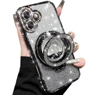 Imagem de Changjia Capa com suporte de glitter para iPhone 16, luxuosa, brilhante, diamante, strass, com protetor de lente de câmera, anel de fluxo líquido, suporte de TPU (poliuretano termoplástico), fina,