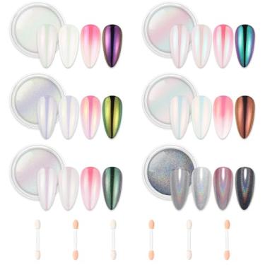 Imagem de AIMEILI Pó de unha cromado pérola, vegano, livre de crueldade, 6 cores aurora metálico holográfico efeito espelhado pigmento iridescente shell glitter arte de unhas