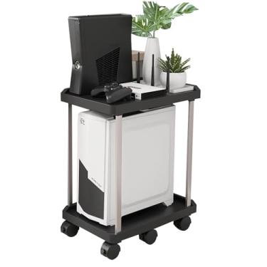 Imagem de Niciksty Suporte de PC de 2 níveis para torre de computador, carrinho de torre de computador de 2 camadas com 6 rodas de travamento para escritório, casa, serve na maioria dos computadores, preto