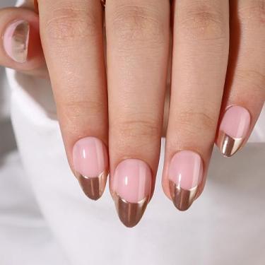Imagem de RTKHFZE Short Press On Nails – ponta francesa, amêndoa, acabamento dourado cromado metálico, unhas adesivas reutilizáveis em 16 tamanhos – Kit de 32 unhas postiças de gel macio