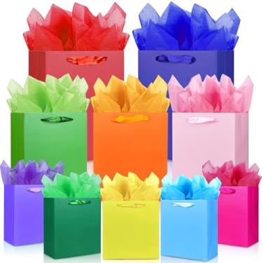 Imagem de MUMULULU Pacote com 10 sacos de presente de tamanhos variados, sacos de papel colorido com alça e papel de seda para festa de aniversário, chá de bebê, casamento, presente de feriado