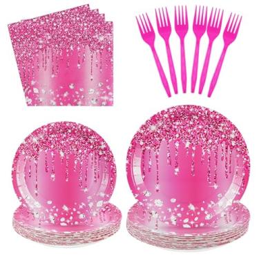 Imagem de Grencian 96 peças rosa choque prata suprimentos para festa de aniversário rosa choque pratos descartáveis 350GSM conjunto de talheres de papel para meninas mulheres prata glitter casamento chá de