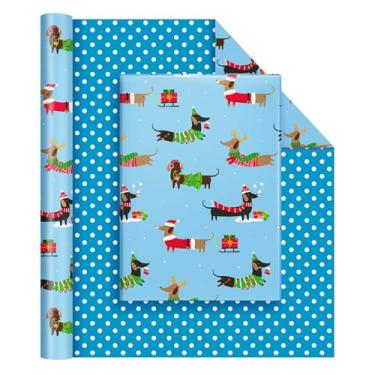 Imagem de WERNNSAI Rolo de papel de embrulho de Natal – 1 rolo de 43 cm x 10 m, papel de embrulho de dachshund de Natal azul para crianças, meninos, reversível, para presente de cachorro, lembrancinha de festa