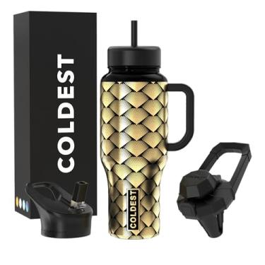 Imagem de Copo Coldest com alça e canudo - Copo isolado 100% à prova de vazamento com tampa e canudo (3 tampas) - Copos de aço inoxidável para mulheres e homens - Base compatível com porta-copos, 1,020 g