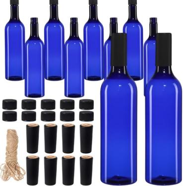 Imagem de Potchen Pacote com 12 garrafas de vinho de plástico vazias estilo bordeaux azul 750 ml com tampa de rosca de barbante de juta e tampas de cápsulas retráteis para licor claret, suco de champanhe