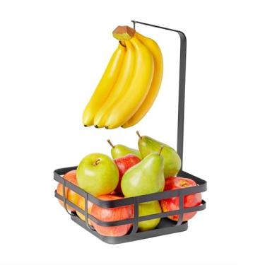 Imagem de Spectrum Cesta de frutas com gancho de banana moderna fio de aço preto organizador de balcão de cozinha cesta para frutas e legumes, armazenamento 2 em 1 para economia de espaço para bancadas