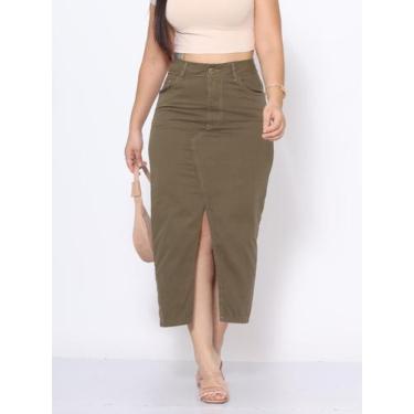 Imagem de Saia midi jeans preta cintura alta com fenda na frente com Bolso Premi