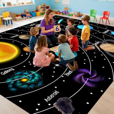 Imagem de Tapete espacial para quarto de meninos – Tapete espacial com sistema solar, tema planeta, decoração para sala de jogos, aprendizado educativo para decoração de sala de aula
