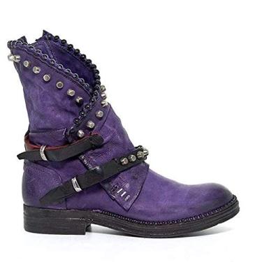 Imagem de Bigfanshu Botas femininas até o meio da panturrilha outono inverno bico redondo vintage couro PU sapatos femininos salto baixo rebite legal botas de motocicleta plus size vestido atlético ocasião fivela sapatos botas plataforma, Roxo, 9.5