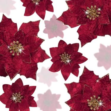 Imagem de Norme 18 peças, 3 tamanhos, flores de poinsétia com glitter, flores artificiais de poinsétia com clipes, enfeites de árvore de Natal para guirlanda de árvore de Natal, casamento, ano novo, decoração