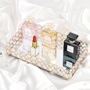 Imagem de Elegante bandeja de perfume espelhada de cristal dourado para penteadeira, mesa de centro e decoração de casa - pequena bandeja de vidro para joias, perfumes e itens decorativos - Bandeja para