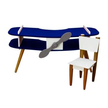 Imagem de Mesa Avião Azul Com Cadeira E Hélice E Pés Palito Design Criativo Mesa