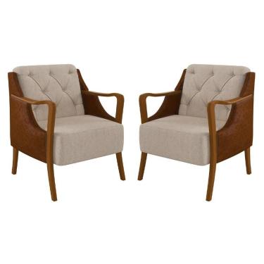 Imagem de Kit 2 Poltronas Decorativas Para Sala De Estar Capitonê Lapa M22 Pu Camel/linho Cru - Mpozenato
