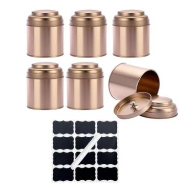 Imagem de KiBcsLic Conjunto de 6 potes de metal para chá a granel, 240ml, ideais para armazenar açúcar, com tampas duplas herméticas. Perfeitos para a cozinha, Caneta Adesiva, Rosa Ouro