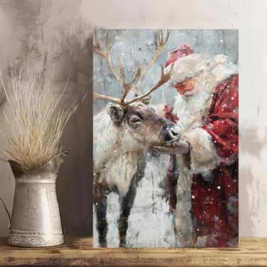Imagem de Arte de parede em tela rústica vintage de Natal Papai Noel nutrindo rena - Pôster sem moldura de 30 x 45 cm - Ideia de presente para decoração de casa e escritório para sala de estar, quarto, cozinha