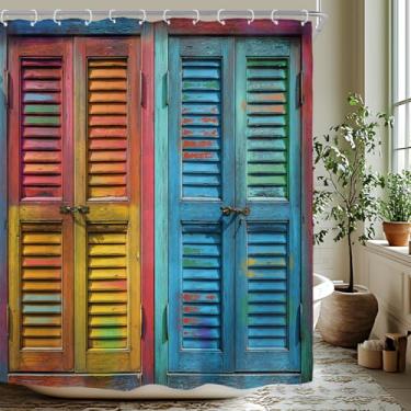 Imagem de Riyidecor Cortina de chuveiro rústica para porta de celeiro para decoração de banheiro 152 cm L x 182 cm A persiana de madeira colorida de madeira de fazenda, tecido impresso em poliéster impermeável