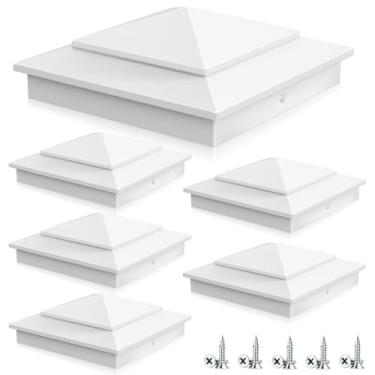 Imagem de Toscoco Tampas de poste pirâmide brancas de alumínio 6X6 para postes de madeira reais de 14 cm x 14 cm, tampas de postes de cerca resistentes para caixa de correio de deck de cerca de cedro - à prova