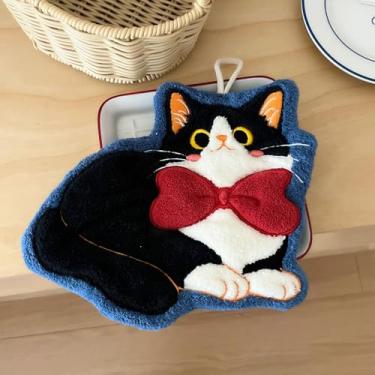 Imagem de 1 peça de toalha pequena com laço para pendurar, macio, absorvente, ponta de dedo de gato fofo para cozinha e banheiro, secagem rápida (gato de laço vermelho)