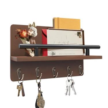 Imagem de KISENG Suporte de parede, porta-chaves decorativo com prateleira e 5 ganchos resistentes, ganchos de chave rústicos para parede para organizador de correio, coleira de cachorro pendurada, óculos