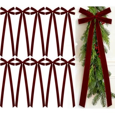 Imagem de Glitinsel 10 laços de fita de veludo 20 x 56 cm pré-amarrados laços de veludo de Natal decoração de árvore de Natal laço de embalagem de presente para guirlanda de Natal, escada, casa, exterior
