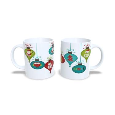 Imagem de Caneca de Cerâmica Natalina, Branca, 325ml, com Decoração de Bolas de Natal em Vermelho, Azul e Verde (9)