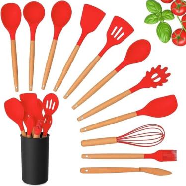 Imagem de Conjunto de Utensílios de Cozinha 12 Peças Silicone Cabo de Madeira Balde Decorativo Resistente a Alta Temperatura 40°C à 230°C Kit Culinário Completo Prático Para Dia a dia Antiaderente (Vermelho)
