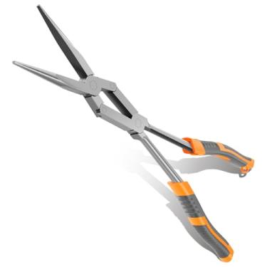 Imagem de Alicate de ponta de agulha de ponta longa alcança mandíbulas serrilhadas angulares de 33 cm, rebite duplo, alcance estendido para acesso ao espaço apertado, cabo ergonômico de aço cromo vanádio para