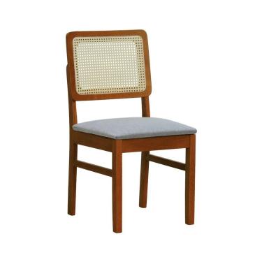 Imagem de Cadeira Lyon Madeira Maciça Encosto Telinha Natural - Amêndoa Assento Estofado Linho Cinza Mescla Impermeável