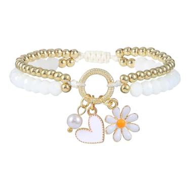 Imagem de RISHEGAE Pulseira de ouro para mulheres com cordão de camada dupla conjunto de pulseiras boho com contas conjunto de pulseiras margarida coração pérola pingentes modernos joias feitas à mão presente