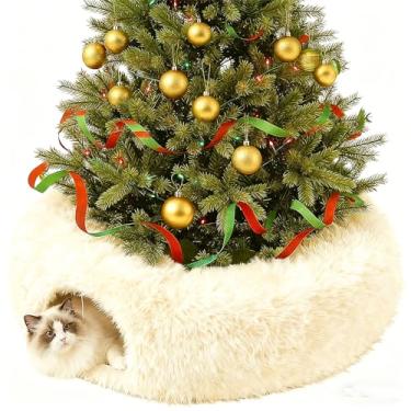 Imagem de Saia para árvore de Natal em túnel de gato, cama 3 em 1 para árvore de Natal e rosquinha, cama macia para animais de estimação com almofada lavável, cama lavável para animais de estimação para gatos