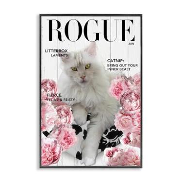 Imagem de Stupell Industries Funny Floral Cat Magazine Arte giclée emoldurada branca, design por Sasha, 18 x 12