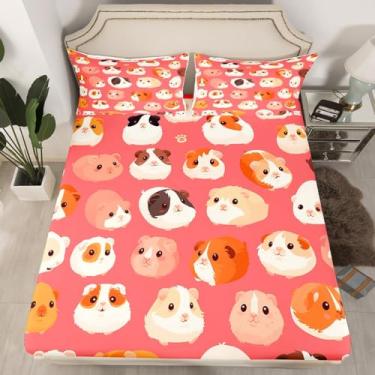 Imagem de Jogo de lençol casal com desenho animado de hamster, para decoração de quarto de crianças, meninos, meninas, rosa, moderno, microfibra, ultramacio, kawaii, animal de estimação, 3 peças, 2 fronhas