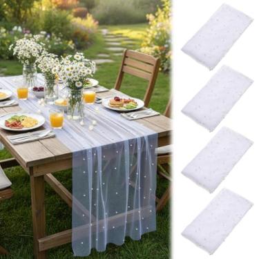 Imagem de IANFAN Pacote com 4, caminho de mesa de pérola de 3 m, capa de tecido de tule de chiffon, toalha de mesa boho com glitter, toalha de mesa de pérola para chá de panela, festa de aniversário, véu de