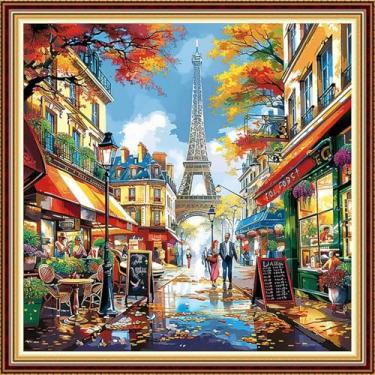 Imagem de DMCVIVR Kits de ponto cruz estampado para adultos iniciantes kits de bordado 11CT kits de ponto cruz padrões de bordado - flor rua ferro torre 45,7 x 45,7 cm