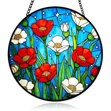 Imagem de Vitral de flor vermelha, painel de apanhador de sol para decoração de janela interna e externa, enfeite de vidro para parede de jardim, enfeite floral para presentes de casamento, aniversário