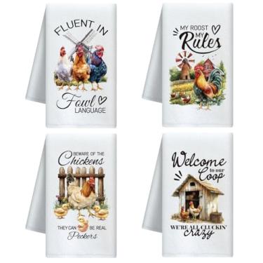 Imagem de CUTHOLLOW Conjunto de 4 toalhas de cozinha decorativas Farm Rooster, 40 x 60 cm, toalha de prato de microfibra macia e absorvente para chá, café, bar, casa, melhor presente para inauguração de casa