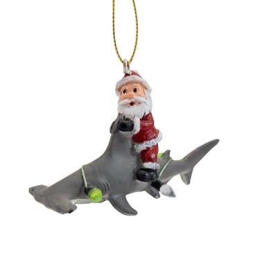 Imagem de Enfeite de árvore de Natal de tubarão-martelo com Papai Noel montando nas costas coberto de luzes