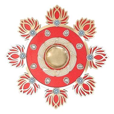 Imagem de Rangoli decorativo de lótus de MDF com suporte de vela em T para festival de Natal indiano, decorações de ano novo, Natal, feito de bordados dourados para decoração de casa (tamanho: -20 cm) (vermelho