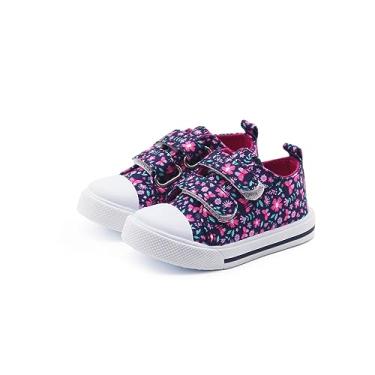 Imagem de GENGASUN Tênis infantil de lona para meninas e meninos com tira de velcro ajustável com estampa de desenho animado, Azul-marinho/floral, 6 Toddler