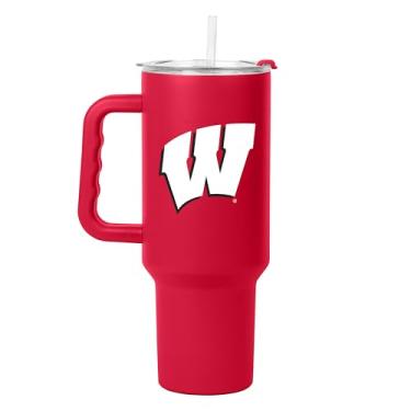 Imagem de Logo Brands NCAA Wisconsin Badgers Copo de 1,134 g com alça - Aço inoxidável revestido em pó com canudo - Resistente a vazamentos, mantém bebidas quentes/frias - Uso diário