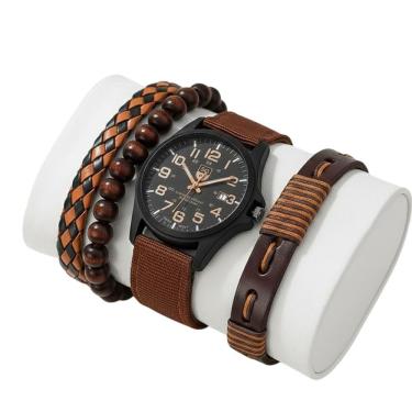 Imagem de Kit Relógio Masculino com Pulseiras Couro e Madeira Moda