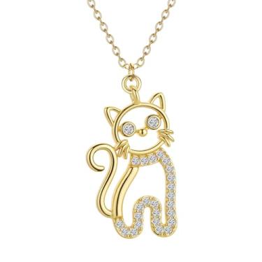 Imagem de JczR.Y Colar de gato de zircão de cristal dourado colar de gato pingente delicado strass CZ animal gatinho colares para mulheres joias doces presentes 15,75 + 1,97 polegadas, Cobre, Sem Pedra Preciosa