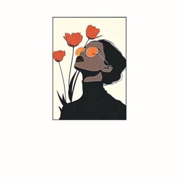 Imagem de PHWWDSUQA 1 peça de arte de parede de decoração de tela minimalista, mulher negra pôsteres decoração com tulipas laranja, fotos parede quarto sala de estar estética - 127 x 187 cm sem moldura