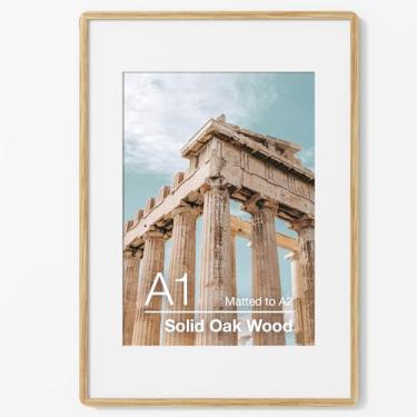 Imagem de FLYJOE Moldura para pôster A1 | Moldura para pôster de madeira de carvalho maciça | Moldura com tapete para A2 | Vidro temperado e ferragens para pendurar incluídas | Moldura A1 (carvalho natural, 1