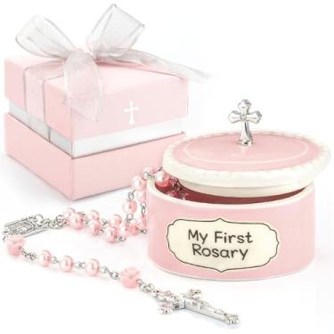 Imagem de Presentes de batismo para meninas – My First Rosary com caixa de lembrança de cerâmica, conjunto de presente de batismo católico, rosário rosa para crianças, batismo, primeira comunhão e presentes de