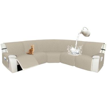 Imagem de Arfntevss Capas para sofá reclináveis 10% à prova d'água, em forma de L, capa de sofá reclinável em forma de L, lavável no canto, protetor de móveis antiderrapante (GG, 5 lugares, cáqui claro)