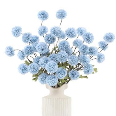 Imagem de DuHouse 6 peças de flores artificiais de seda sintética, mini bola de crisântemo de seda pequena com hastes para buquês de casamento faça você mesmo, centro de mesa, decoração de cozinha (azul celeste
