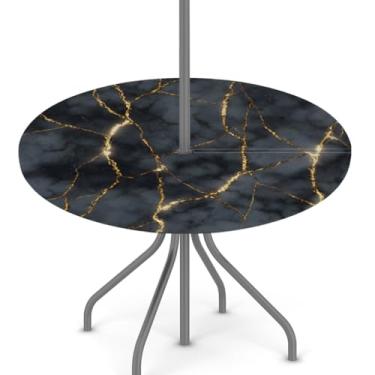 Imagem de Toalha de mesa para uso ao ar livre com orifício para guarda-chuva, toalha de mesa redonda de mármore preto com zíper oculto, capa de mesa de piquenique elástica para acampamento, para pátio, jardim